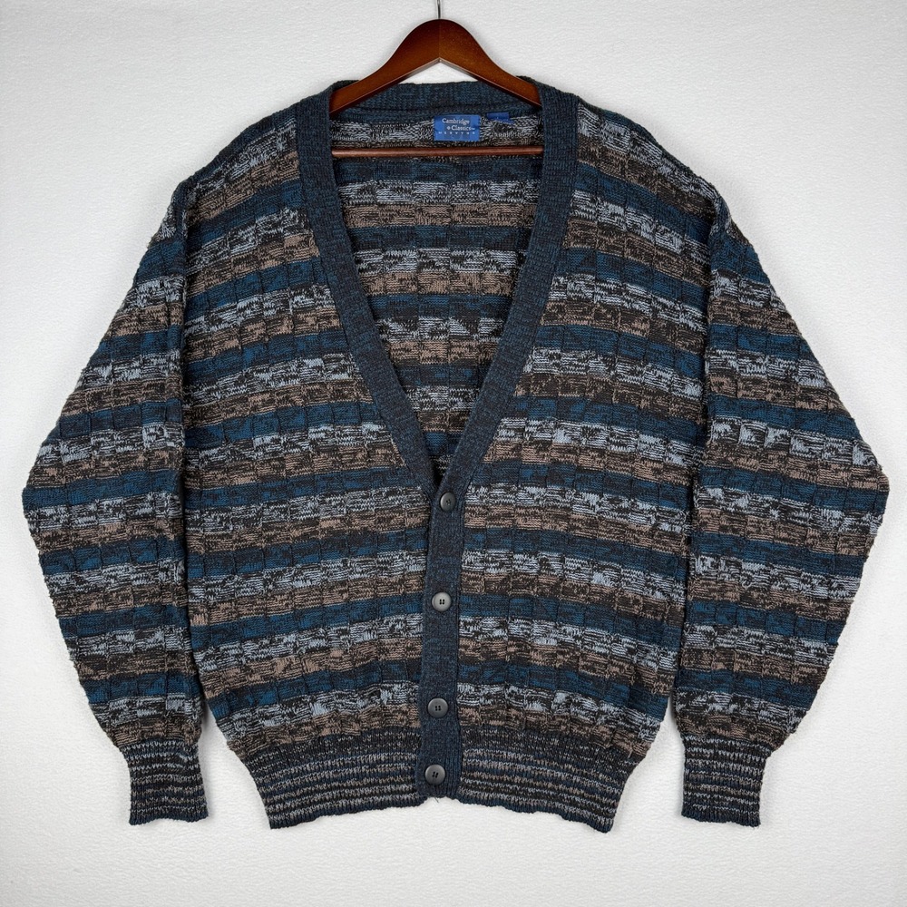 Vintage Cambridge Classics Mervyns Mens L Striped Cardigan Grandpa Sweater